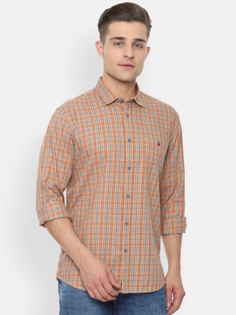 

Louis Philippe Jeans Men Peach-Coloured & Grey Slim Fit Checked Casual Shirt