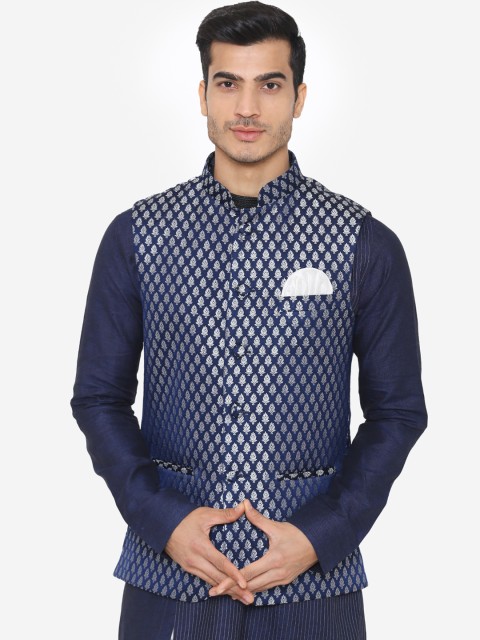 

Wintage Men Blue & Grey Woven Design Satin Nehru Jacket
