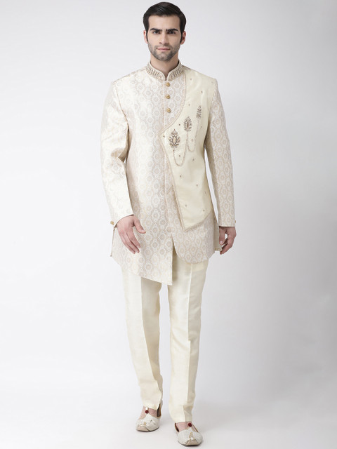 

SG RAJASAHAB Men Beige Self-Design Silk Sherwani Set