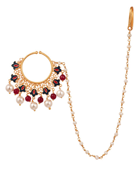 

Zariin Rozana Red & White 22 Carat Gold-Plated Beaded Enamelled Nosepin With Chain