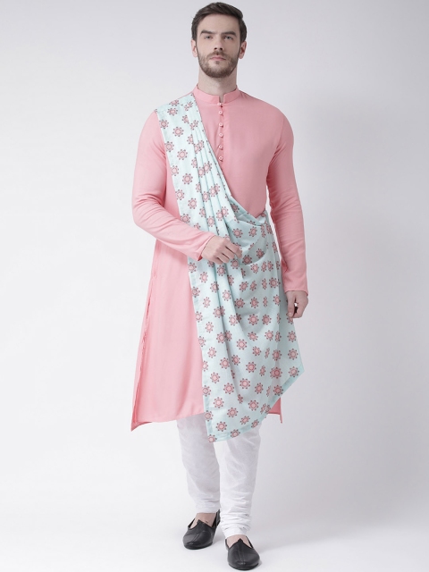 

DEYANN Men Pink & Green Solid Kurta with Churidar & Attached Dupatta