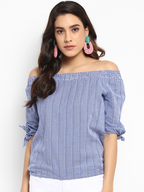 

KVL Women Blue Checked Bardot Top