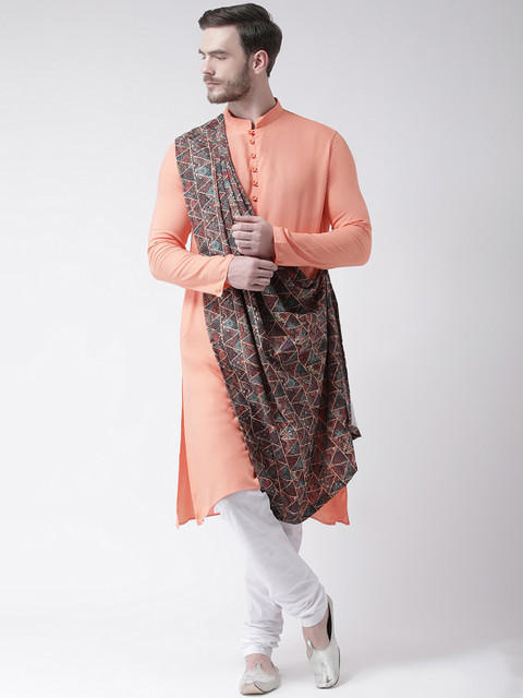 

DEYANN Men Pink & Red Printed Drape Kurta with Churidar