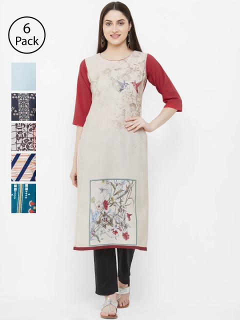 7Threads Women Pack of 6 Printed Straight Kurtas, Beige