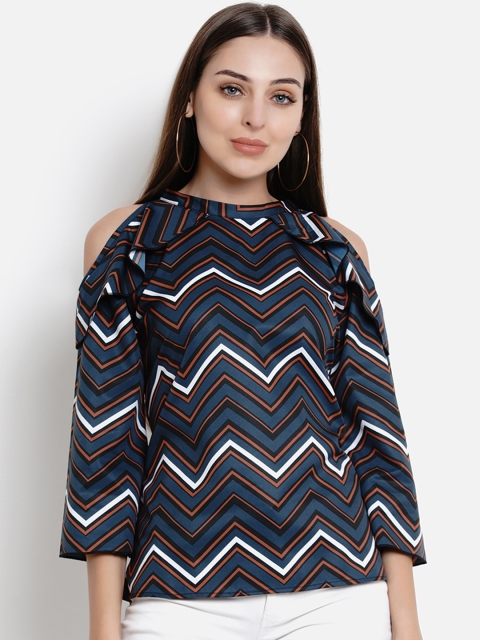 

Lady Stark Women Navy Blue & Brown Cold-Shoulder Striped Top