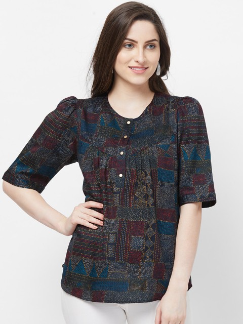 

Fusion Beats Women Navy Blue & Red Printed Top