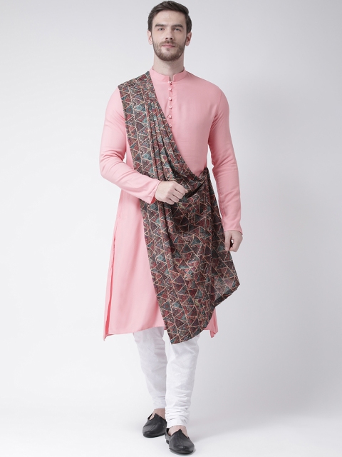 DEYANN Men Pink & Red Solid Straight Kurta With Attached Drape