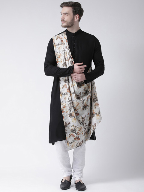 

DEYANN Men Black & Cream-Coloured Solid Straight Kurta With Attached Drape