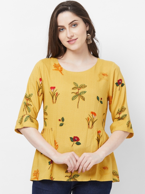 

Fusion Beats Women Yellow Printed Embroidered Peplum Top