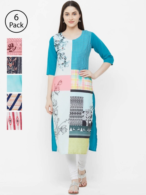 

7Threads Women Pack of 6 Printed Straight Kurtas, Multi