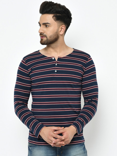 

Rigo Men Blue Striped Henley Neck T-shirt