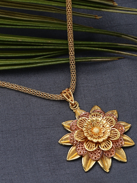 

ZeroKaata Gold-Plated Pink Floral Handcrafted Pendant with Chain