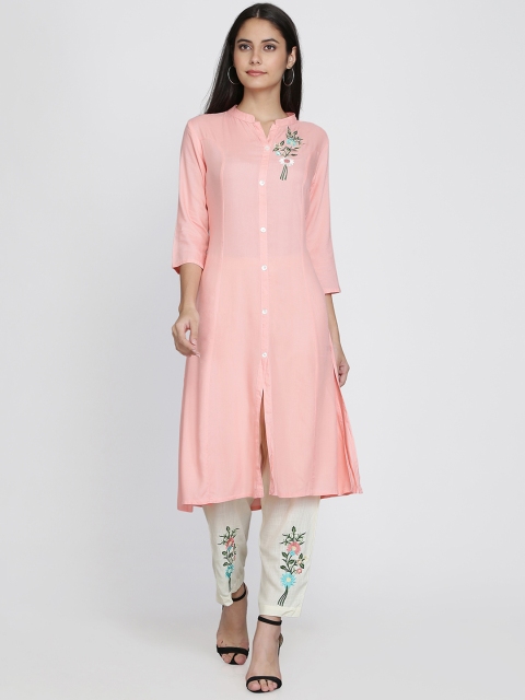 

Adizya Women Pink & Cream-Coloured Embroidered Kurta with Trousers