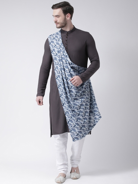 

DEYANN Men Grey & Blue Printed Straight Kurta With Attached Drape