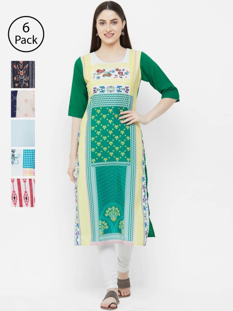 

7Threads Women Pack of 6 Printed Straight Kurtas, White