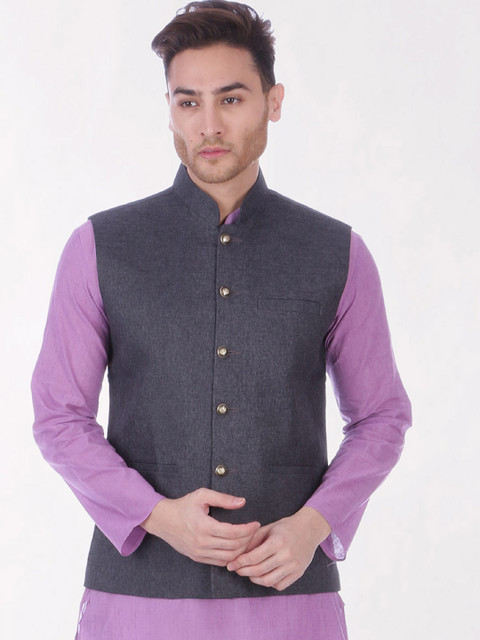 

RAJUBHAI HARGOVINDAS Men Charcoal Grey Solid Slim-Fit Nehru Jacket