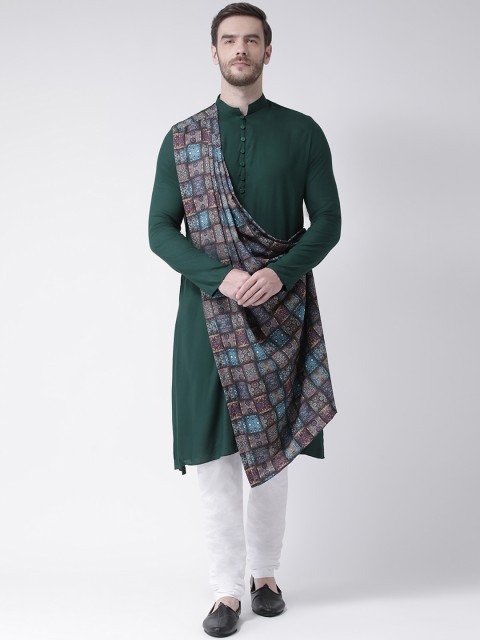 

DEYANN Men Green & White Printed Kurta with Churidar & Attached Dupatta
