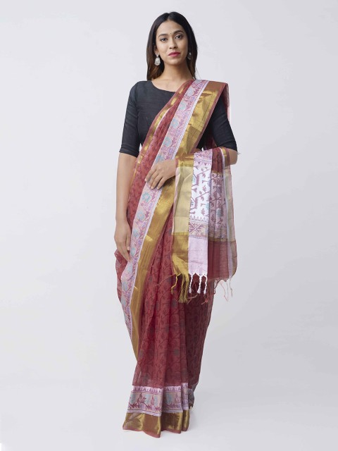 

Unnati Silks Red & Off-White Silk Cotton Printed Banarasi Handloom Saree