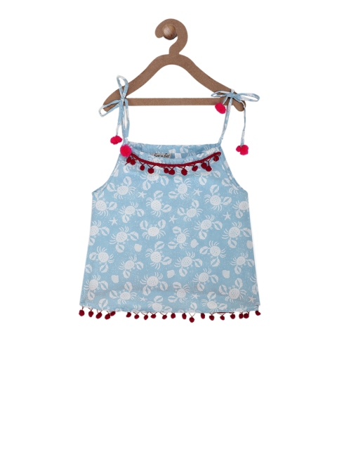 

BownBee Girls Blue & White Printed A-Line Pure Cotton Top