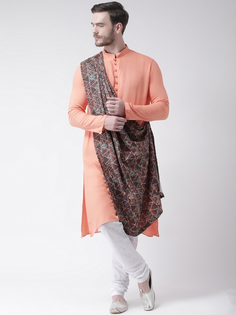 

DEYANN Men Peach-Coloured Printed Straight Kurta