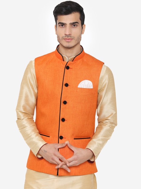 

Wintage Men Orange Solid Satin Nehru Jacket