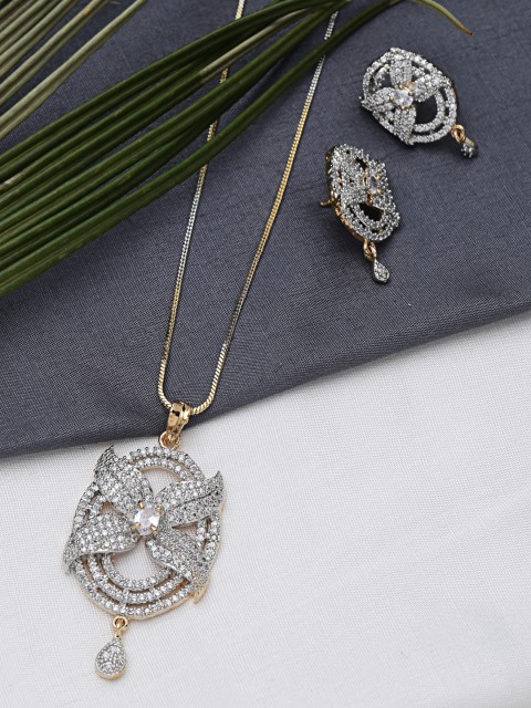 

ZeroKaata Gold-Plated & White AD-Studded Chunky Floral Handcrafted Jewellery Set