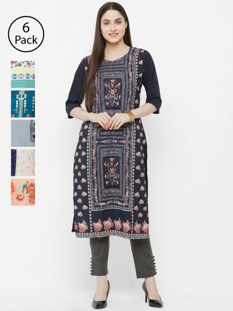 

7Threads Women Selection of 6 Digital Print Straight Kurtas, Multi