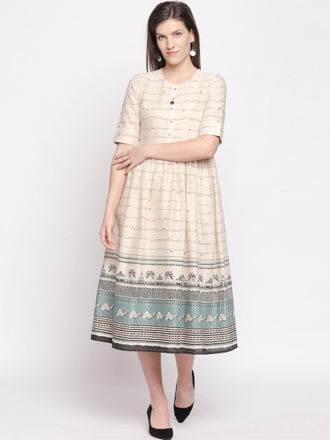 

AKKRITI BY PANTALOONS Women Cream-Coloured Printed Fit and Flare Dress