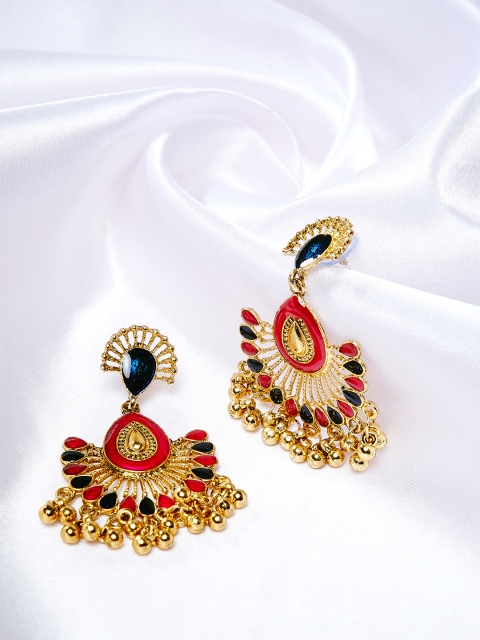 

ZeroKaata Gold-Toned & Red Peacock Shaped Drop Earrings