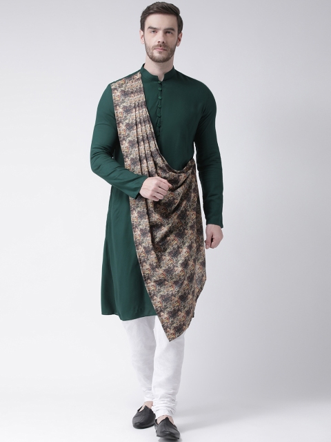 

DEYANN Men Green & Brown Printed Straight Kurta With Attached Drape