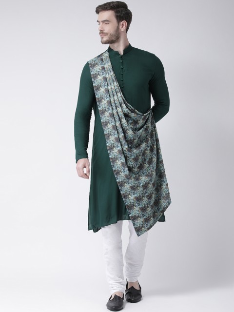 

DEYANN Men Green & White Printed Kurta with Churidar & Attached Dupatta