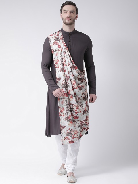 

DEYANN Men Grey & Cream-Coloured Printed Drape Kurta with Churidar
