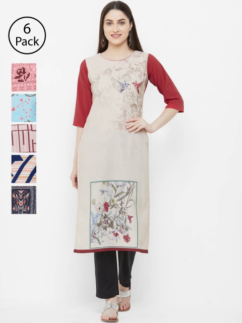 

7Threads Women Selection of 6 Digital Print Straight Kurtas, Beige