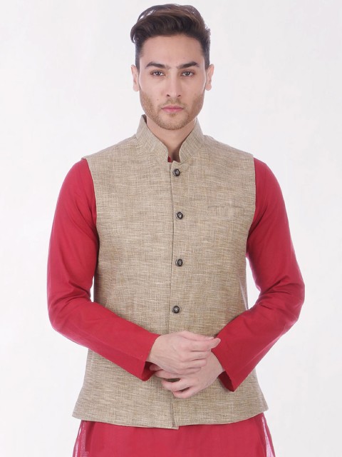 

RAJUBHAI HARGOVINDAS Men Beige Solid Slim-Fit Nehru Jacket, Brown