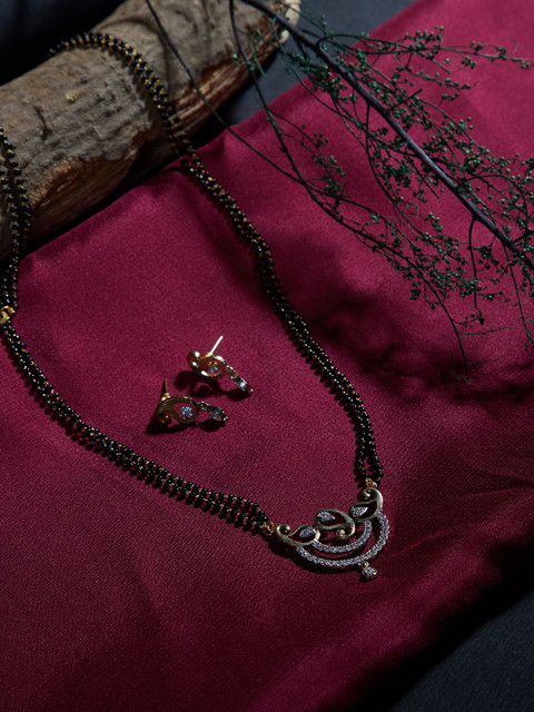 

ZeroKaata Gold-Plated & Black Beaded American Diamond Embellished Pendant Mangalsutra With Earrings