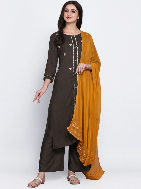 

Adizya Women Brown & Mustard Yellow Embroidered Kurta with Palazzos & Dupatta