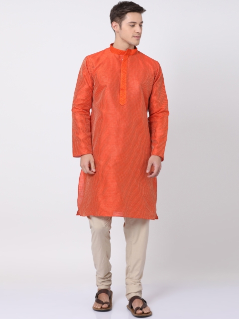 

TABARD Men Orange & Beige Striped Kurta with Churidar