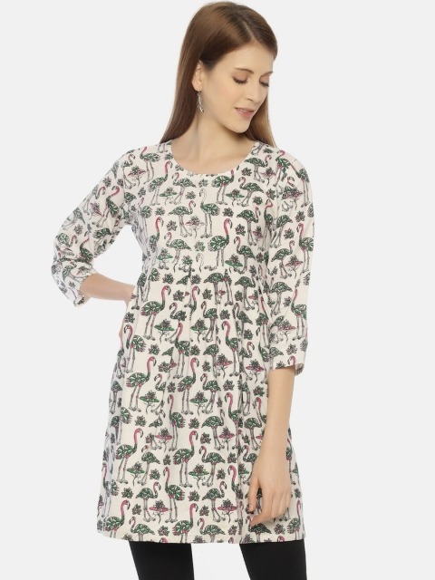 

Resha Women White & Green Swan Printed Kalamkari Tunics