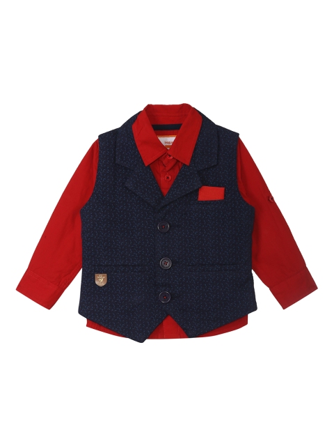 

612 league Boys Red Regular Fit Printed Casual Shirt With Waistcoat