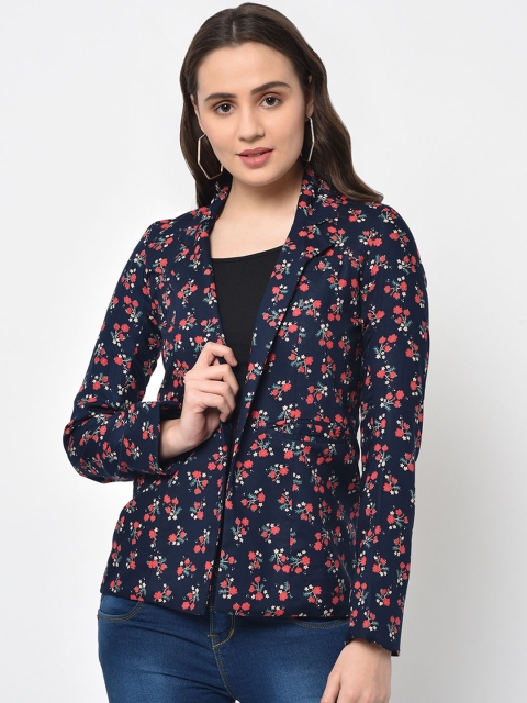

FLAVIDO Women Navy Blue & Orange Printed Open Front Jacket