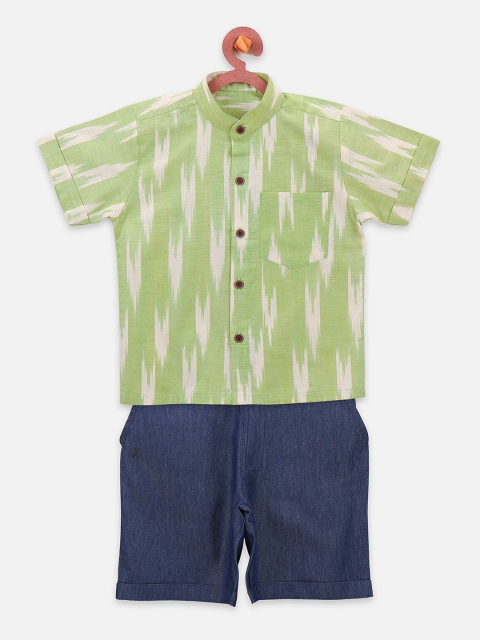 

LilPicks Boys Green & Navy Blue Ikat Shirt with Denim Shorts