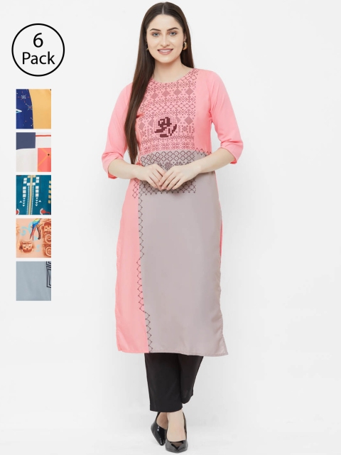 

7Threads Women Pack of 6 Printed Straight Kurtas, Pink