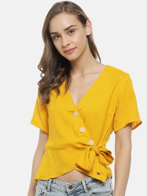 

Campus Sutra Women Yellow Solid Wrap Top