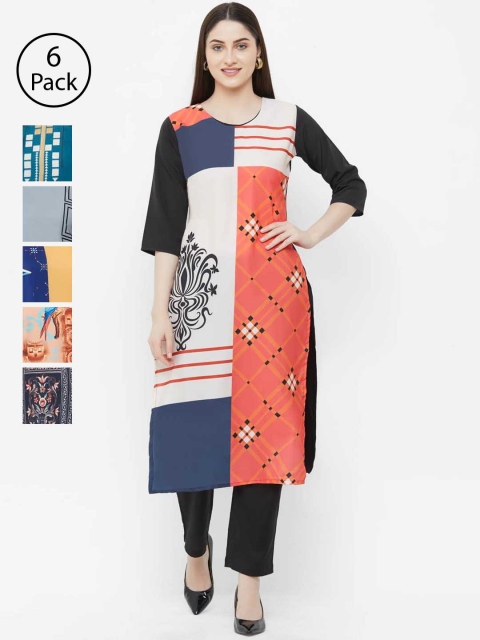

7Threads Women Pack of 6 Printed Straight Kurtas, White