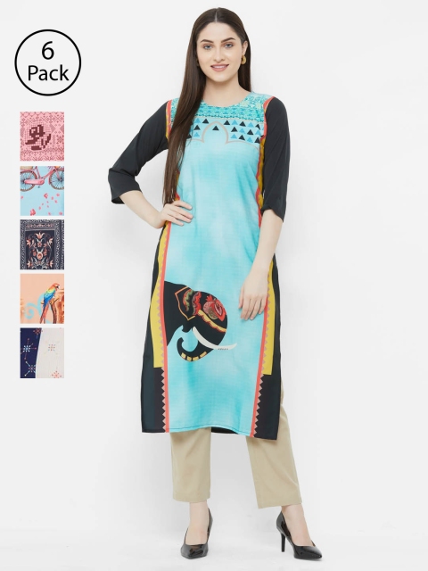 

7Threads Women Pack of 6 Printed Straight Kurtas, Blue