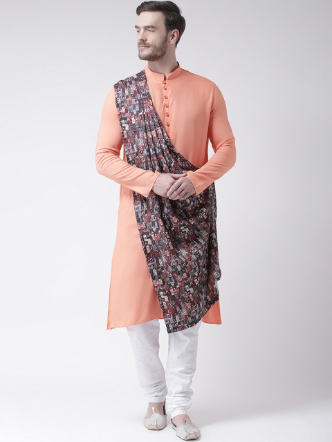 

DEYANN Men Peach-Coloured Straight Kurta With Attached Drape, Pink