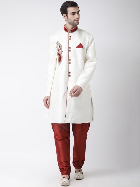 

SG LEMAN Men Off White & Maroon Silk Sherwani Set