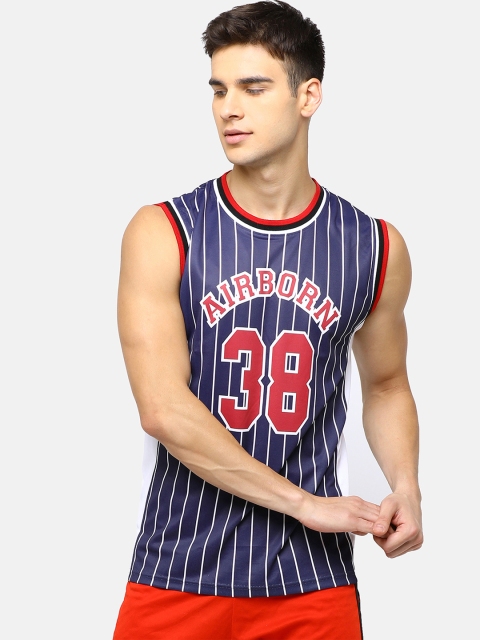 

Maniac Men Navy Blue & White Striped Round Neck T-shirt