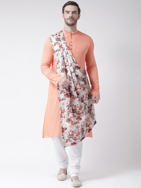 

DEYANN Men Pink & Cream-Coloured Printed Drape Kurta with Churidar