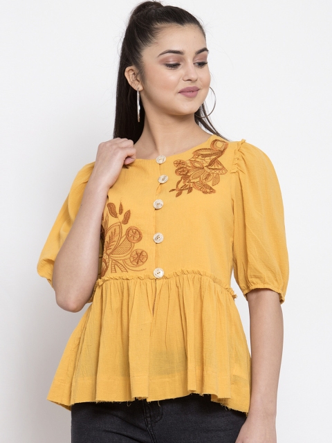 Global Republic Women Mustard Yellow Embroidered Top